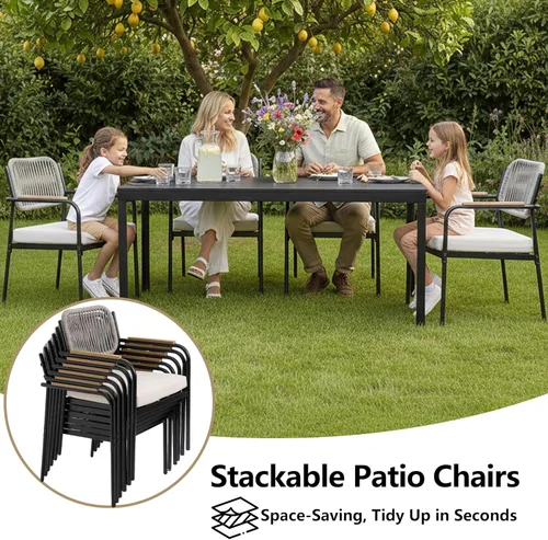 Miniatura 5 de Juego de 2 sillas de comedor para exteriores, sillas de comedor de mimbre para patio con cojines extraíbles, silla de mesa rectangular para patio