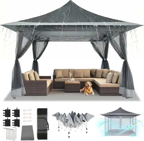 Miniatura 13 de COBIZI - Tienda desplegable de 3,66 x 3,66 metros en oferta - Cenador portátil de metal para exteriores con mosquitero, impermeable - Cenador Caqui