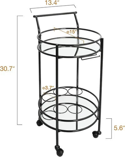 Miniatura 2 de Carrito redondo negro con 2 estantes de espejo, estante para vino y ruedas con cerradura, adecuado para cocina del hogar, club, sala de estar