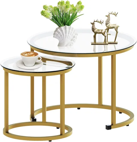 aboxoo Juego de 2 mesas de centro anidables doradas, pequeñas mesas redondas de vidrio para sala de estar, dormitorio, mesa de té decorativa con