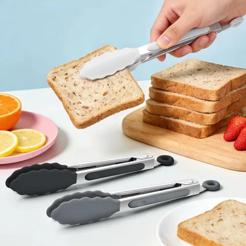 Miniatura 5 de Pinzas de silicona de 7 pulgadas, paquete de 6, pinzas pequeñas de acero inoxidable con puntas de silicona para cocinar, servir, barbacoa, parrilla