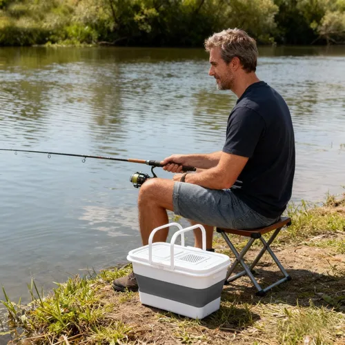 Miniatura 5 de Hikary Cubo de pesca de 13 litros con mini bomba de oxígeno, contenedor de transporte de peces, plegable, portátil, plegable, plegable, caja Gris