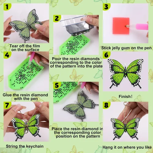 Miniatura 3 de Juego de 10 llaveros de pintura de diamante de mariposa de doble cara, llaveros artísticos de diamantes 5D para colgar adornos de diamantes