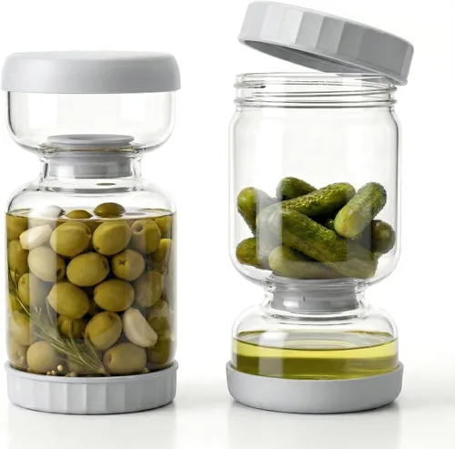 Homnoble Tarro de Pepinillos, Tarro de Reloj de Arena de Pepinillos y Aceitunas, Separador de Jugo de Pepinillos de Húmedo y Seco, Tapa de ABS de