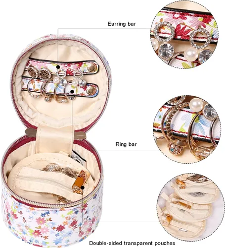 Miniatura 4 de Angelina's Palace Estuche organizador de joyas redondo, bolsa de viaje, regalos de dama de honor, caja de cuero vegano para collar, aretes, pulsera