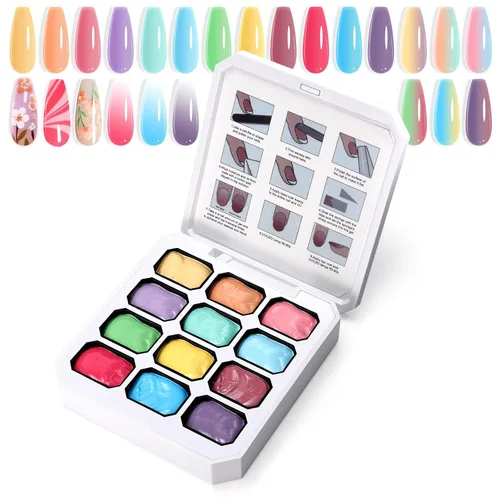 Miniatura 10 de Gel de Pintura con Degradado, 12 Colores Brillantes de Esmalte de Uñas en Gel Ombré para Uñas con Pigmento Pat Aura, Manicura Francesa DIY, Arte