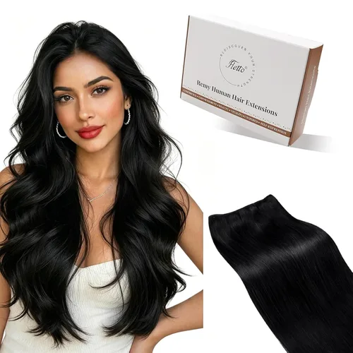Hetto - Extensiones de cabello humano real para coser, color negro azabache, #1, 12 pulgadas, 2.47 onzas | Adhesivo suave, fuerte, uso diario,