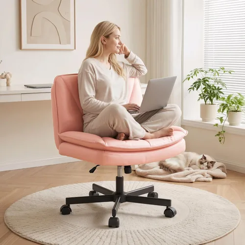 Miniatura 12 de DurayLoly Silla Criss Cross con Ruedas, Silla de Oficina con Patas Cruzadas con Cojín de 2 Capas, Asiento Ancho Cómodo, Cuero, Sin Brazos, Sillas