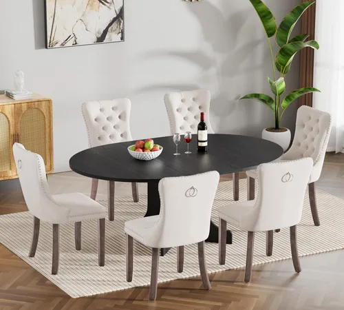 Miniatura 112 de Juego de mesa de comedor de mármol sintético blanco para 6 personas, juego de mesa de comedor extensible de 7 piezas de 63 a 78.74 pulgadas con 6