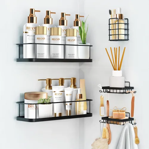 Sben Organizador adhesivo para ducha, no requiere taladro, paquete de 5, organizador de ducha de baño con 2 jaboneras y soporte para cepillo de