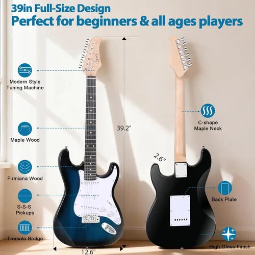 Miniatura 4 de Guitarra eléctrica de tamaño completo de 39 pulgadas, kit de iniciación para principiantes con amplificador de 10W, púas, cuerdas, barra de trémolo