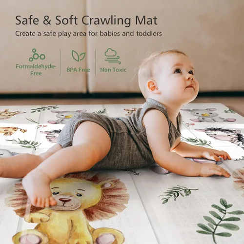 Miniatura 8 de NOONKTY Tapete de juego extra grande de 79 x 71 pulgadas para el suelo, tapete de juego de espuma plegable para bebés de 0 a 12 meses y niños, León