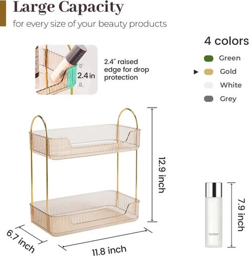 Miniatura 3 de Aveniee Organizador de mostrador de baño, estante de almacenamiento de perfume y cuidado de la piel de 2 niveles, bandeja de tocador para cosméticos