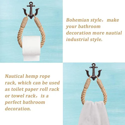 Miniatura 4 de Soporte para papel higiénico de cuerda náutica, anillo de toalla montado en la pared, soporte de papel higiénico náutico con ganchos de metal, Negro