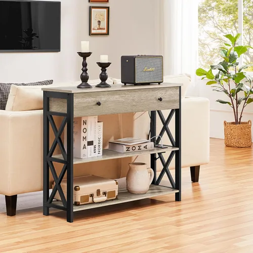 Miniatura 9 de Yaheetech Mesa consola con tomas de corriente y puertos USB, mesa de entrada de madera con cajón y estantes abiertos, mesas de sofá estrechas