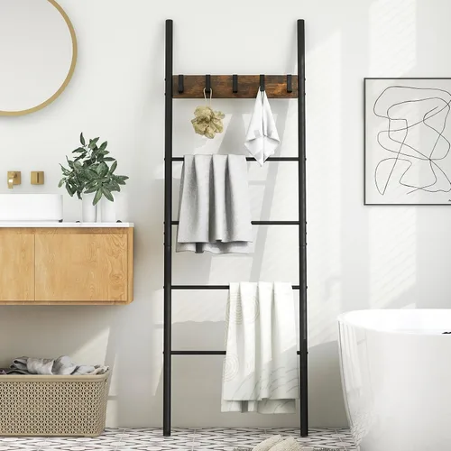 Miniatura 3 de Tangkula Escalera para mantas, estante de escalera de 5 niveles con 5 ganchos extraíbles, soporte decorativo para manta inclinado en la pared