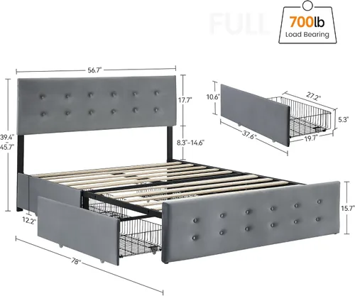 Miniatura 2 de Alkmaar Base de cama tapizada de terciopelo tamaño matrimonial con 4 cajones de almacenamiento y cabecero, base de colchón con botones cosidos