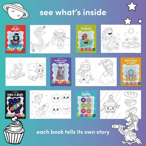 Miniatura 5 de THE TWIDDLERS - Paquete de 24 mini libros para colorear de 6 temas a granel para niños a partir de 3 años, incluye castillos, dragones, pirata