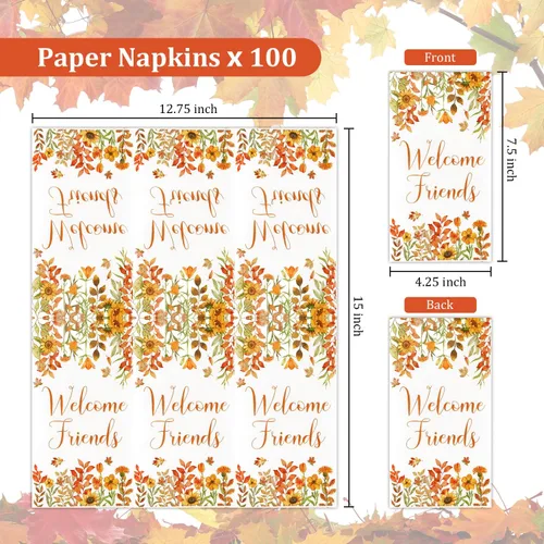 Miniatura 3 de Quera 100 servilletas de papel desechables con hojas de otoño con texto en inglés "Welcome Friends", servilletas de papel desechables para Acción