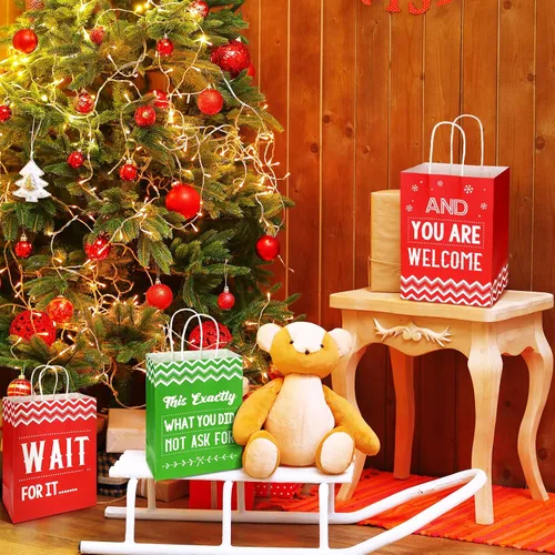 Miniatura 7 de Zonon 8 bolsas de regalo divertidas de Navidad con asas, bolsas de favor de fiesta de Navidad rojas y verdes con frases humorísticas, suministros