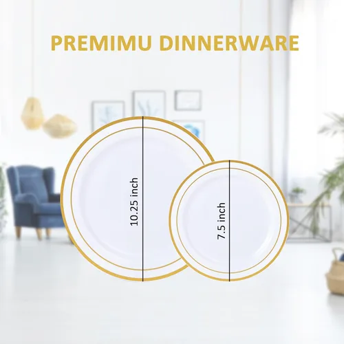 Miniatura 2 de MCIRCO - Platos de plástico dorados, 100 platos desechables de fiesta para bodas, platos de borde dorado de primera calidad, incluye 50 platos