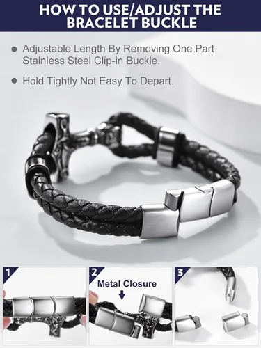 Miniatura 7 de Bandmax Pulsera trenzada de cuero negro para hombre con colgante gótico punk, pulsera de cuero con hebilla de acero inoxidable, paquete de regalo