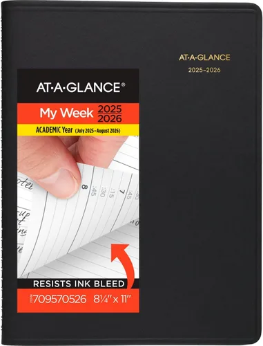 AT-A-GLANCE - Agenda 2025-2026 académica, semanal, libro de citas de 15 minutos, 8-1/4 x 11 pulgadas, grande, cubierta flexible, color negro