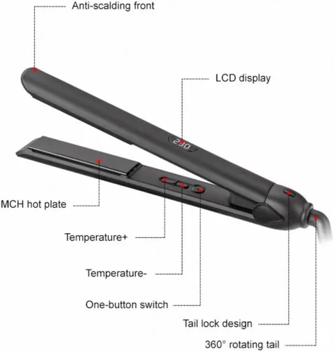 Miniatura 3 de Plancha de pelo profesional, negro, plancha plana de titanio con pantalla LCD, placa caliente MCH, cable giratorio de 360°, calentamiento rápido