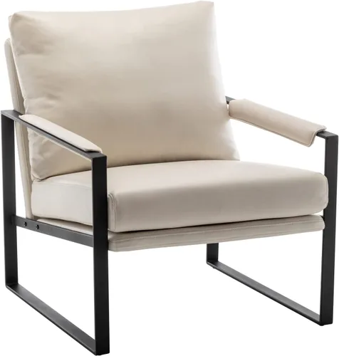 UNICOO Silla decorativa moderna de piel sintética, sillón tapizado con marco de metal, cojín de asiento grueso y almohada trasera de gran tamaño,