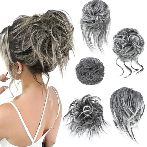 Miniatura 8 de 5 piezas de extensiones de cabello para moños desordenados con banda elástica de goma para mujeres, extensiones de cola de caballo con horquillas