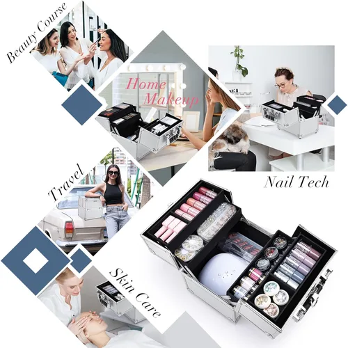 Miniatura 6 de FRENESSA Estuche de Tren para Maquillaje, Caja Organizadora de Cosméticos Portátil con Candado, Estuche de Viaje para Maquillaje con 4 Bandejas