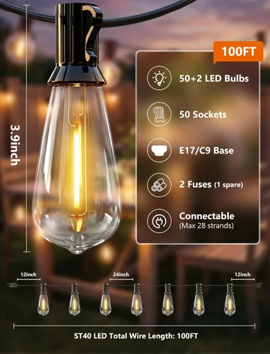 Miniatura 2 de Oviejo Tira de luces LED para exteriores de 100 pies, impermeable, con 52 bombillas LED ST40, base E17, para cubierta, exterior, patio, casa