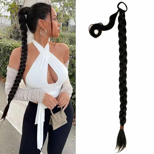 Miniatura 7 de Extensión de cola de caballo de trenza larga con lazo elástico, 1 unidad, extensiones de cabello sintético lacio y elegante envolvente para mujer
