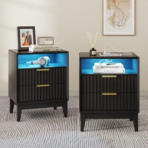 Miniatura 15 de LVSOMT Mesita de noche negra para dormitorio con estación de carga y luces LED, moderna mesita de noche con cajón oculto, mesita de noche