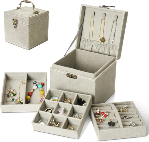 INMORVEN Pequeño organizador de joyeros, estuche de terciopelo de 3 capas, organizador de joyas para mujeres y niñas, organizador de aretes, caja de