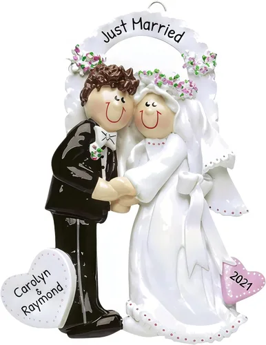 Miniatura 16 de Adorno personalizado de casado de nuestra primera Navidad 2025 Nombre y año personalizados Recuerdo de boda rubia de novia y novio morena Boda