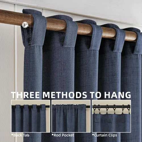 Miniatura 3 de Cortinas con pestaña trasera de 84 pulgadas de largo, mezcla de lino, juego de 2 paneles, cortinas azul oscuro extra anchas para patio, pasillo