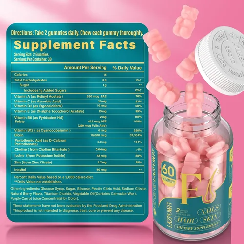 Miniatura 3 de Gomitas de biotina, vitaminas para la piel y las uñas para hombres y mujeres, vitamina B7 vegana, apoya el crecimiento del cabello y uñas más