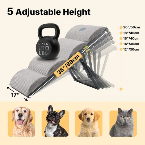 Miniatura 3 de Veehoo Rampa para perros para cama y sofá, altura ajustable de 12 a 20 pulgadas, escaleras plegables para perros para meterse en la cama de 17