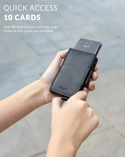 Miniatura 2 de VULKIT Tarjetero de crédito con bloqueo RFID de cuero automático, billetera desplegable delgada con clip para dinero, funda doble para tarjetas