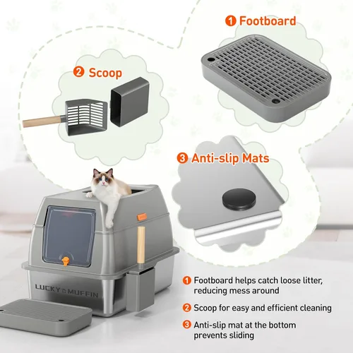 Miniatura 6 de Caja de arena para gatos de acero inoxidable 3 en 1 con tapa extraíble, caja de metal de alta cara extra grande cerrada para gatitos grandes