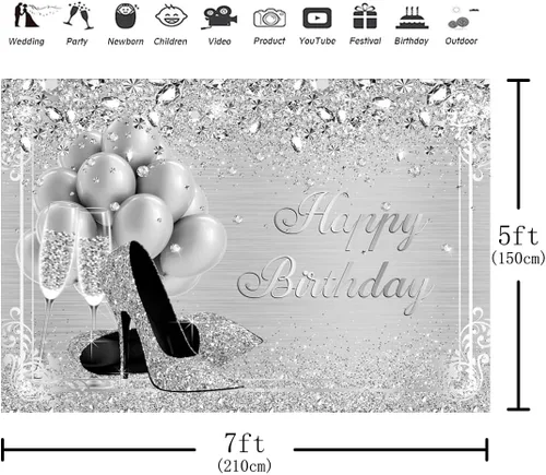 Miniatura 3 de Telón de fondo plateado de 7 x 5 pies, diamantes con brillantina, globos de tacón alto, cristal champán, niñas y mujeres, dulces 16, fondo