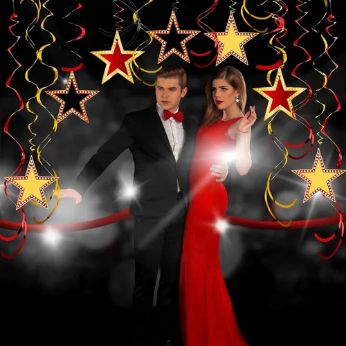 Miniatura 5 de Lenwen 39 espirales colgantes estilo estrella rojo dorado y negro para decoración nocturna de películas, alfombra roja, decoración de fiesta