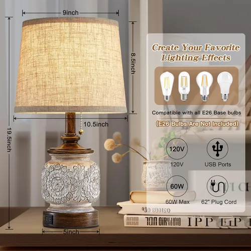 Miniatura 4 de Juego de 2 lámparas de mesa de noche estilo granja de 19.5 pulgadas, lámparas rústicas para mesita de noche de dormitorio con puertos USB, lámparas