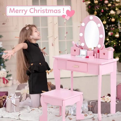 Miniatura 6 de Garvee Juego de tocador para niños, juego de mesa y silla para niñas con espejo iluminado, taburete y juego de maquillaje de madera, rosa