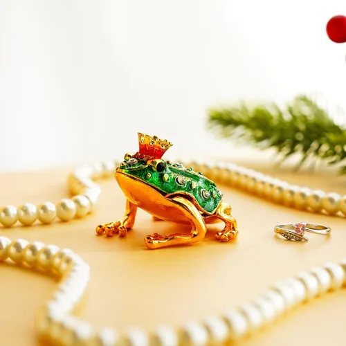 Miniatura 3 de YU FENG Caja de baratijas de rana con corona de cristal, con bisagras, figura de rana coleccionable, soporte de anillo decorativo pintado a mano