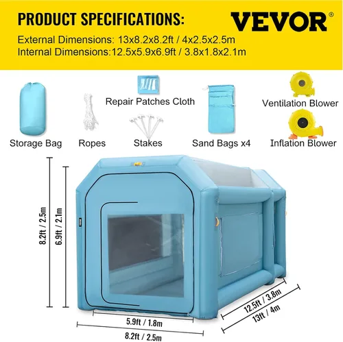 Miniatura 7 de VEVOR Cabina de Pintura Inflable Portátil, Cabina de Pulverización Inflable de 13 x 8 x 8 pies, Carpa de Pintura para Automóvil con Sistema