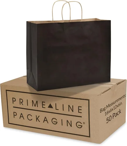 Prime Line Packaging Bolsas de papel negras, bolsas de regalo grandes con asas, bolsas de papel kraft para minoristas, boutique, compras, a granel,