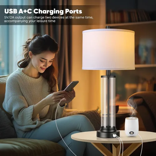 Miniatura 7 de QiMH Juego de 2 lámparas de mesa con control táctil con puertos USB, lámpara de noche regulable de 3 vías para sala de estar, dormitorio, casa