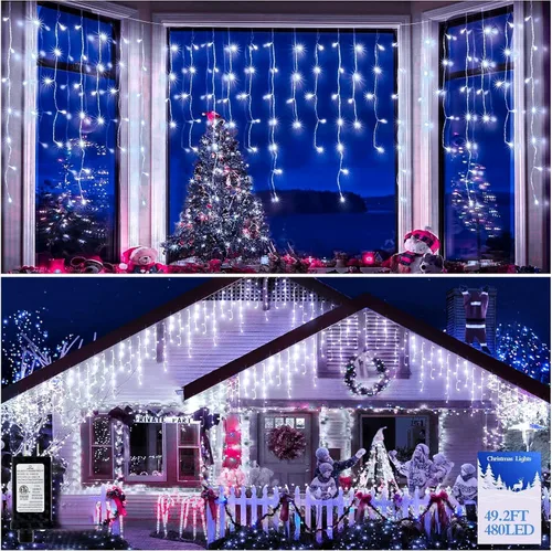 Miniatura 28 de FLVOECN 480 luces LED de Navidad de 49 pies, enchufables, 8 modos con temporizador, luces de hielo regulables, para exteriores, impermeables